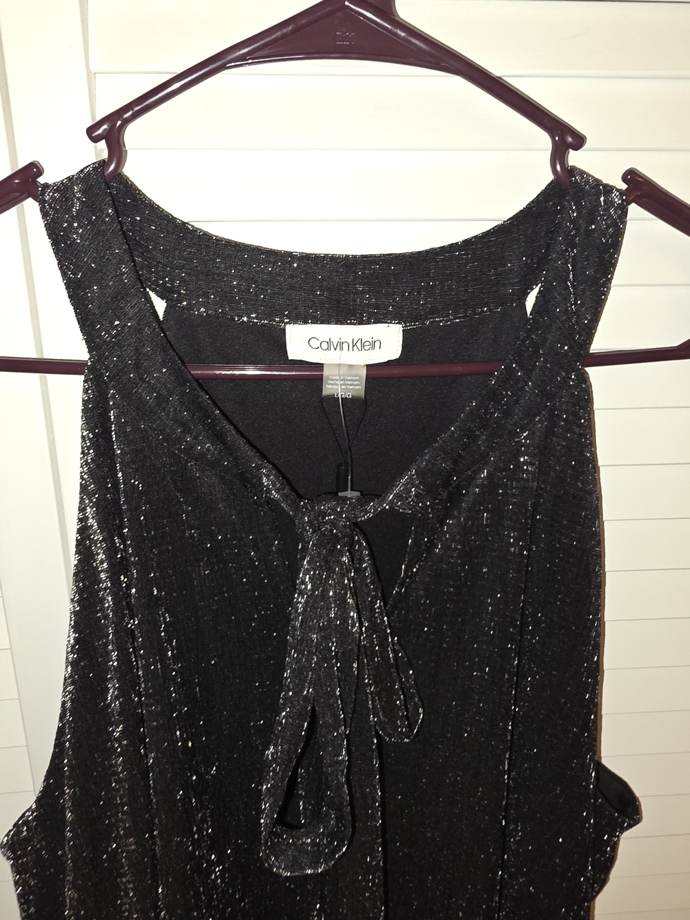 New Women's Calvin Klein L Black Sheer Sparkle Tie-Neck Sleeveless Lined Blouse